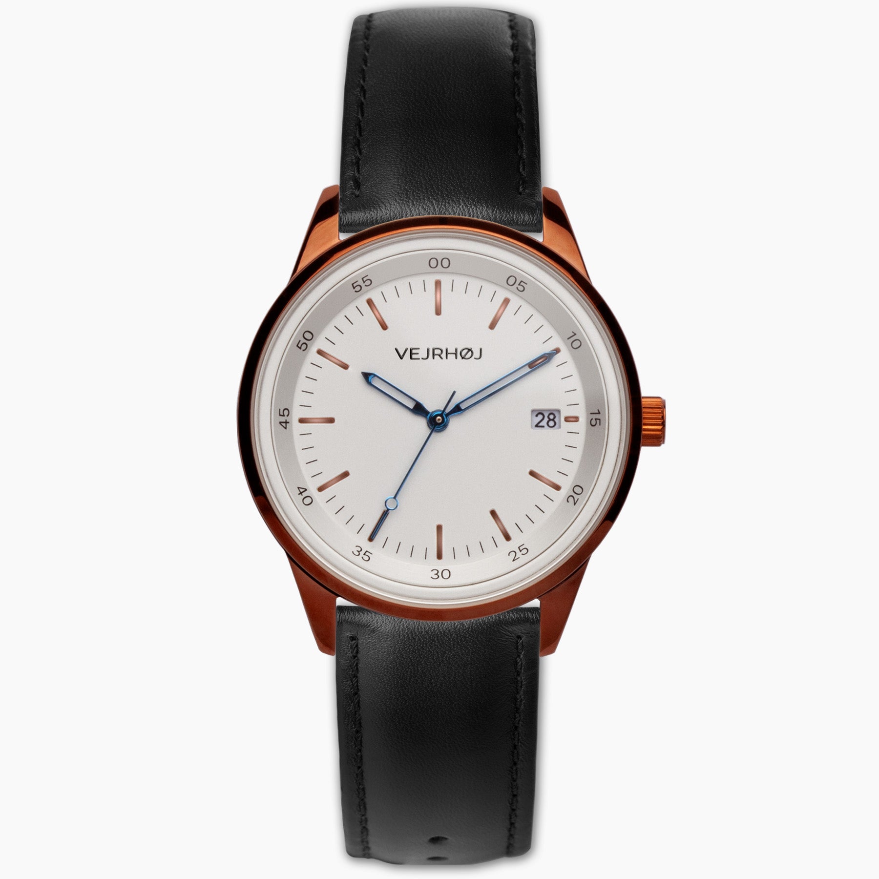 VEJRHØJ A06、黒のレザーストラップとホワイトダイヤルを備えた北欧ミニマルデザインの腕時計