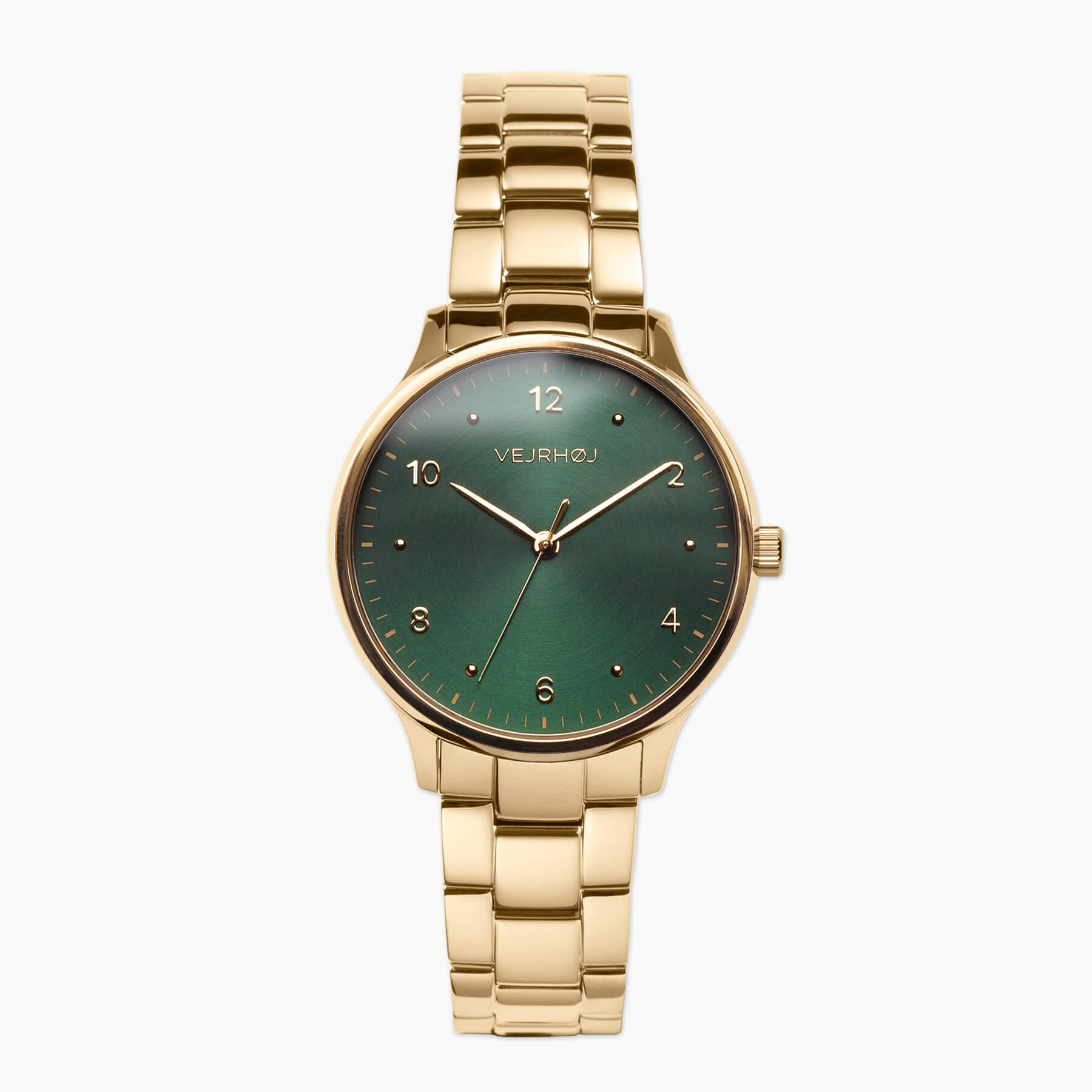 VEJRHØJ Petite Royal Green、円形仕上げのグリーンダイヤルとゴールドステンレスブレスレットが特徴の北欧デザイン腕時計
