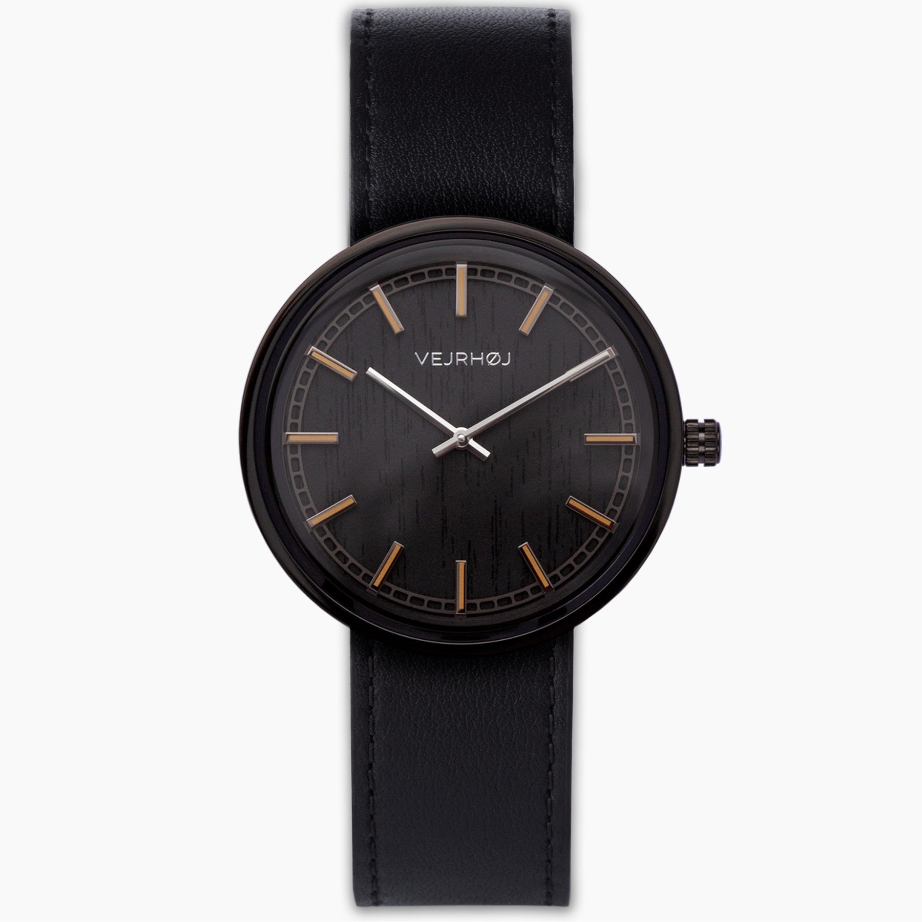 VEJRHØJの腕時計、NORDIC NOIR。黒色のダイヤルとブラックレザーバンドが特徴のエレガントなデザイン。