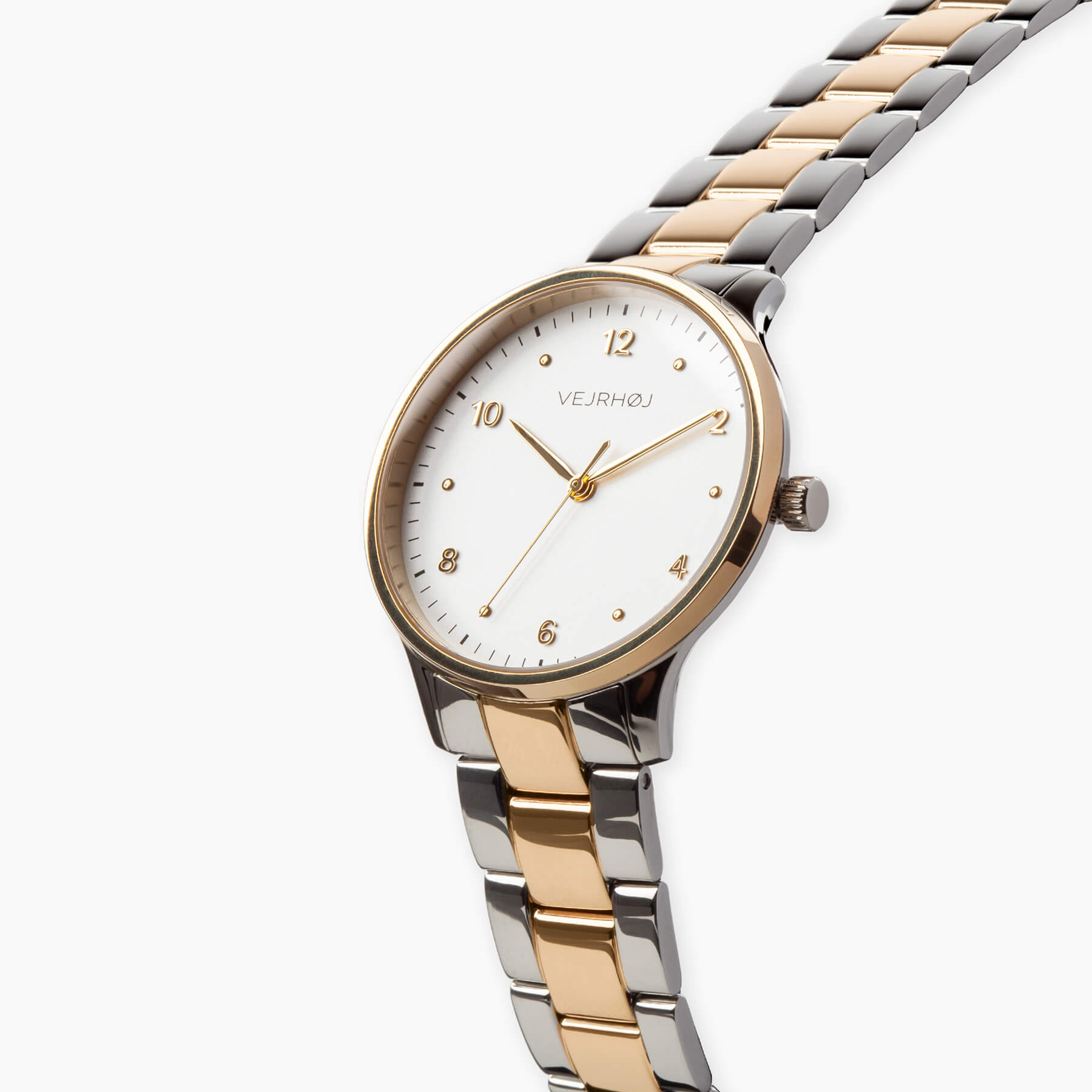 VEJRHØJのPetite Royal Gold、ゴールドアクセントが上品に映えるツートーンメタルベルトと白文字盤のレディースウォッチ