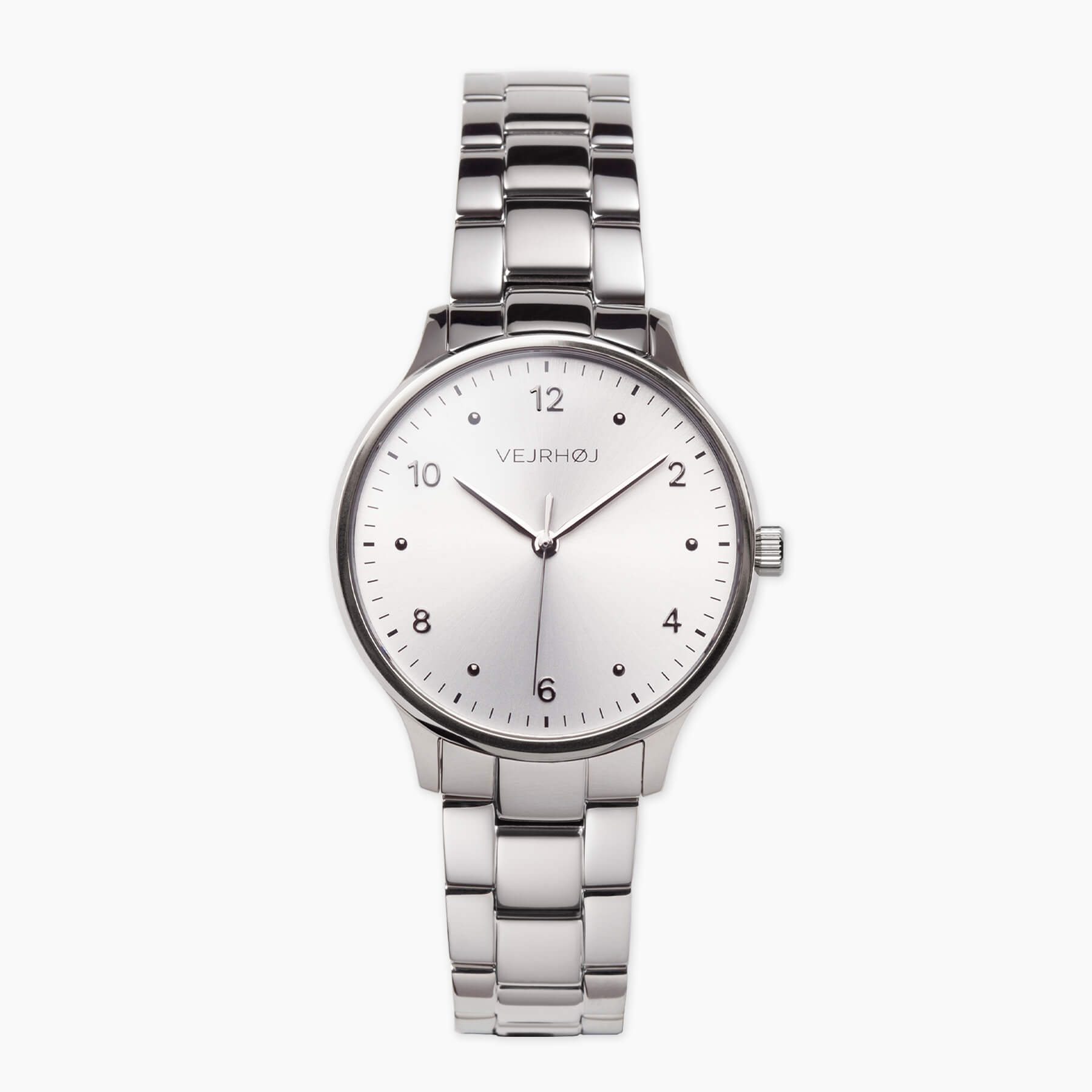 VEJRHØJ Petite Royal Silver、サンレイ仕上げのシルバーダイヤルとステンレスブレスレットが特徴の北欧デザイン腕時計