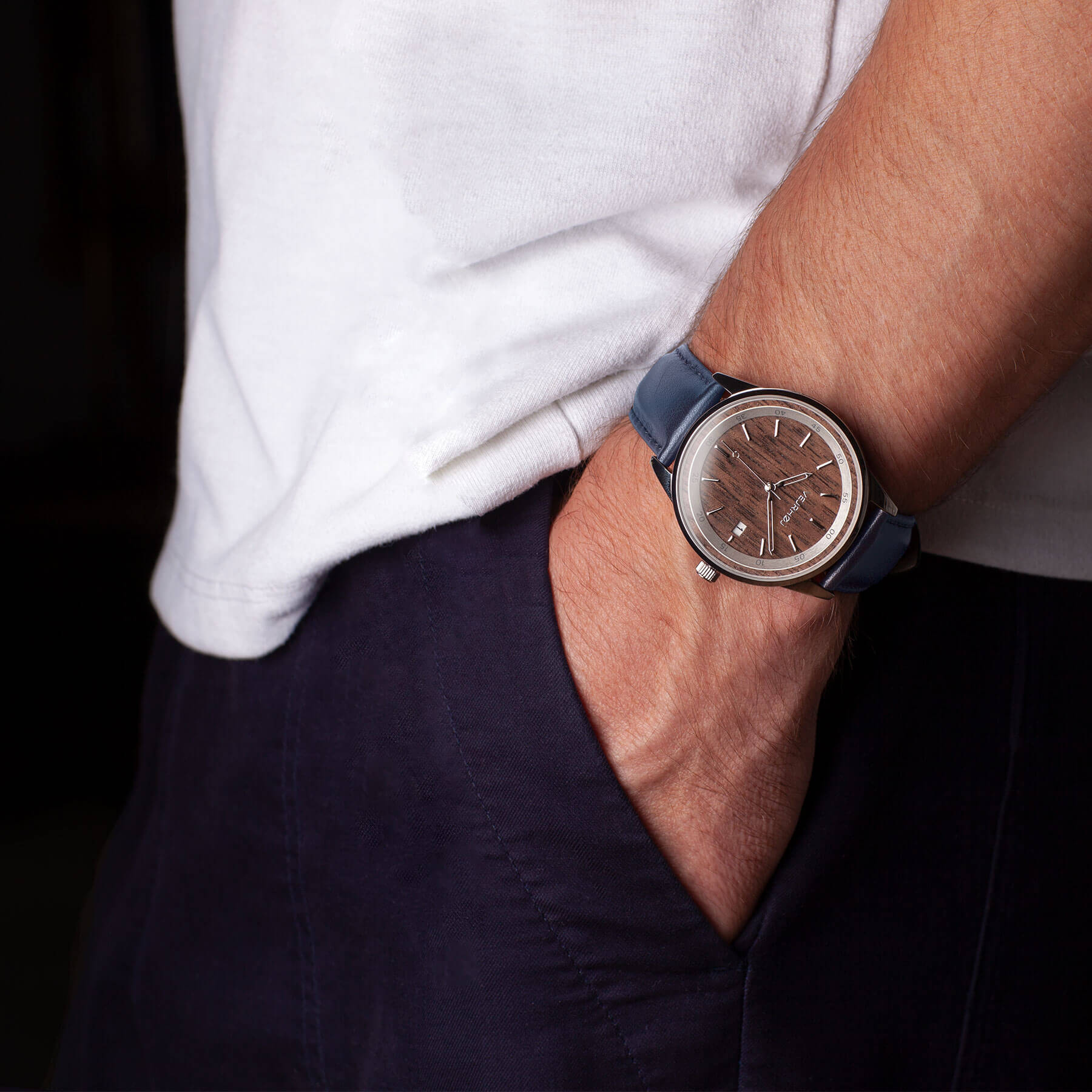 ストラップのブルーのブラウン木製自動巻式腕時計