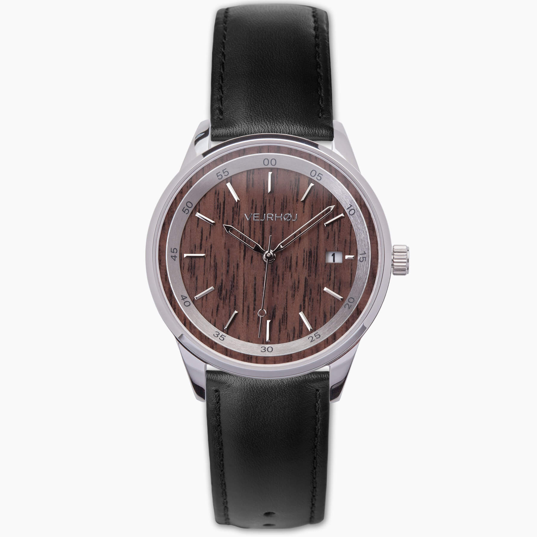 黒いベルト付きのブラウン天然木材機械式腕時計