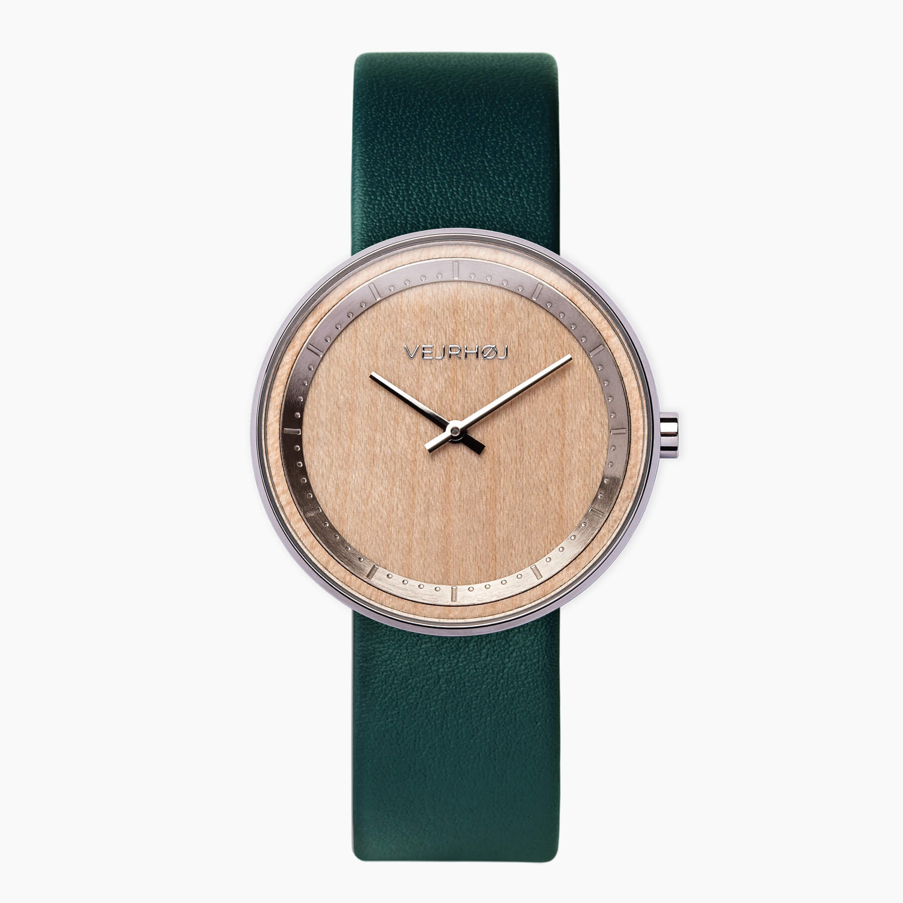 グリーンなストラップのついたメイプル材とシルバーを融合した腕時計