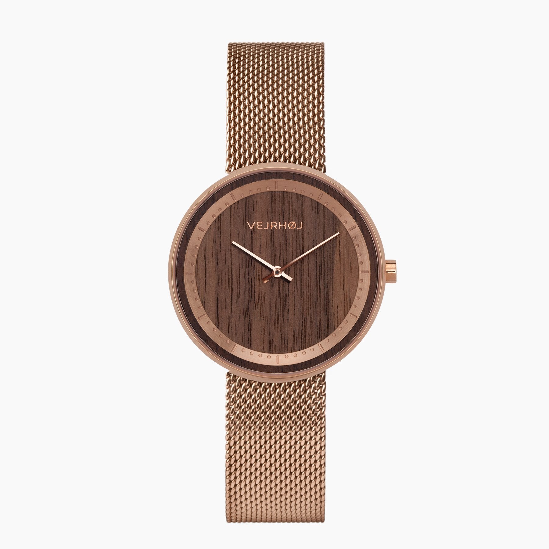 天然のくるみ材とエレガントなローズゴールドを組み合わせたVEJRHØJ レディース腕時計 Petite | The ROSE | mesh 