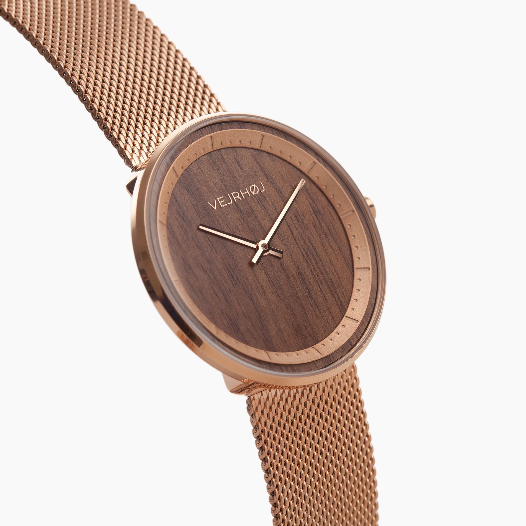 ローズゴールドが輝く北欧ミニマリズムデザインの木製腕時計 VEJRHØJ  The ROSE mesh