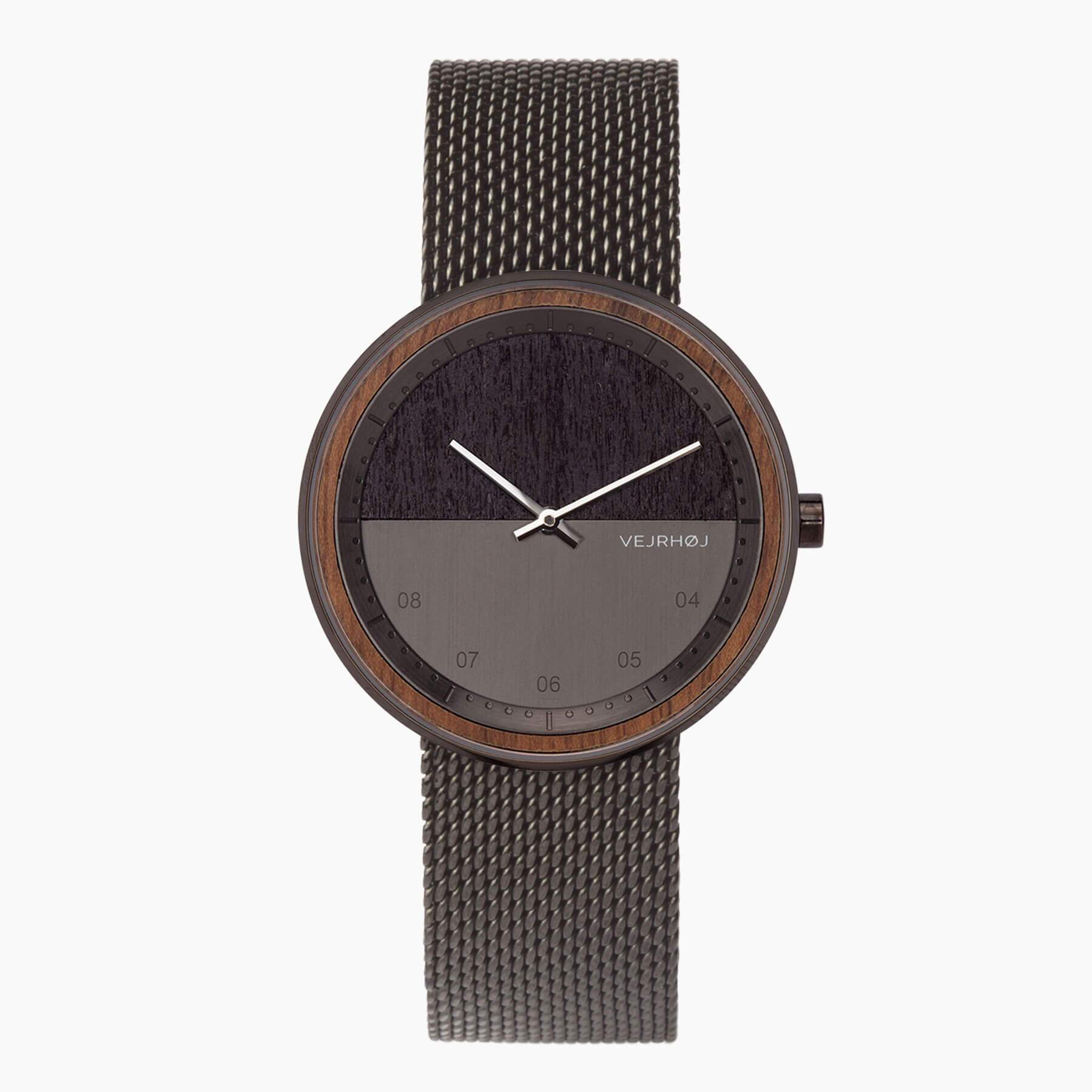 ガンメタルとステンレスの木製腕時計 / VEJRHØJ (ヴェアホイ) The NIGHT | mesh 