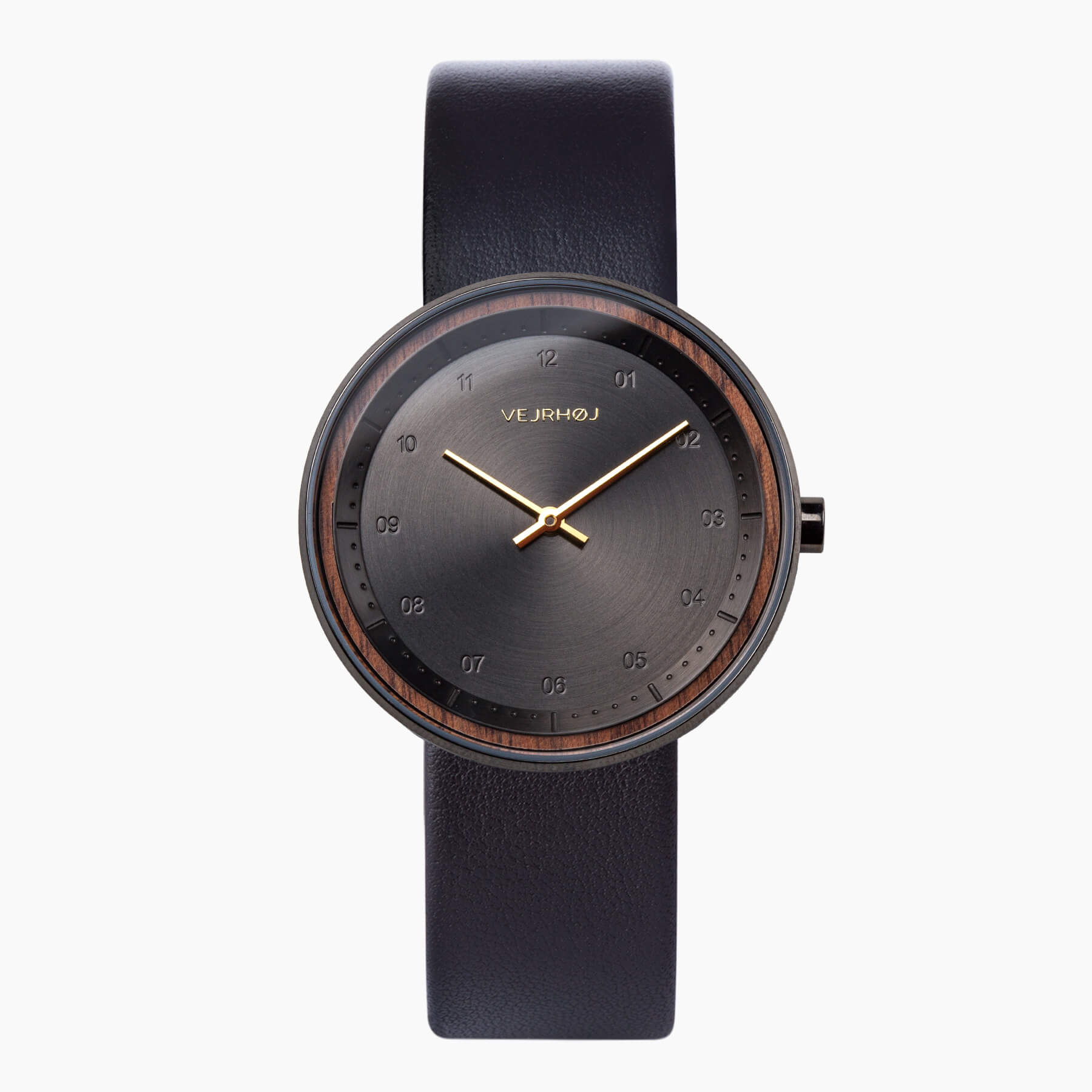 桜の木でできたシンプルな黒の北欧デザイン腕時計 BLACK & GOLD VEJRHØJ (ヴェアホイ)