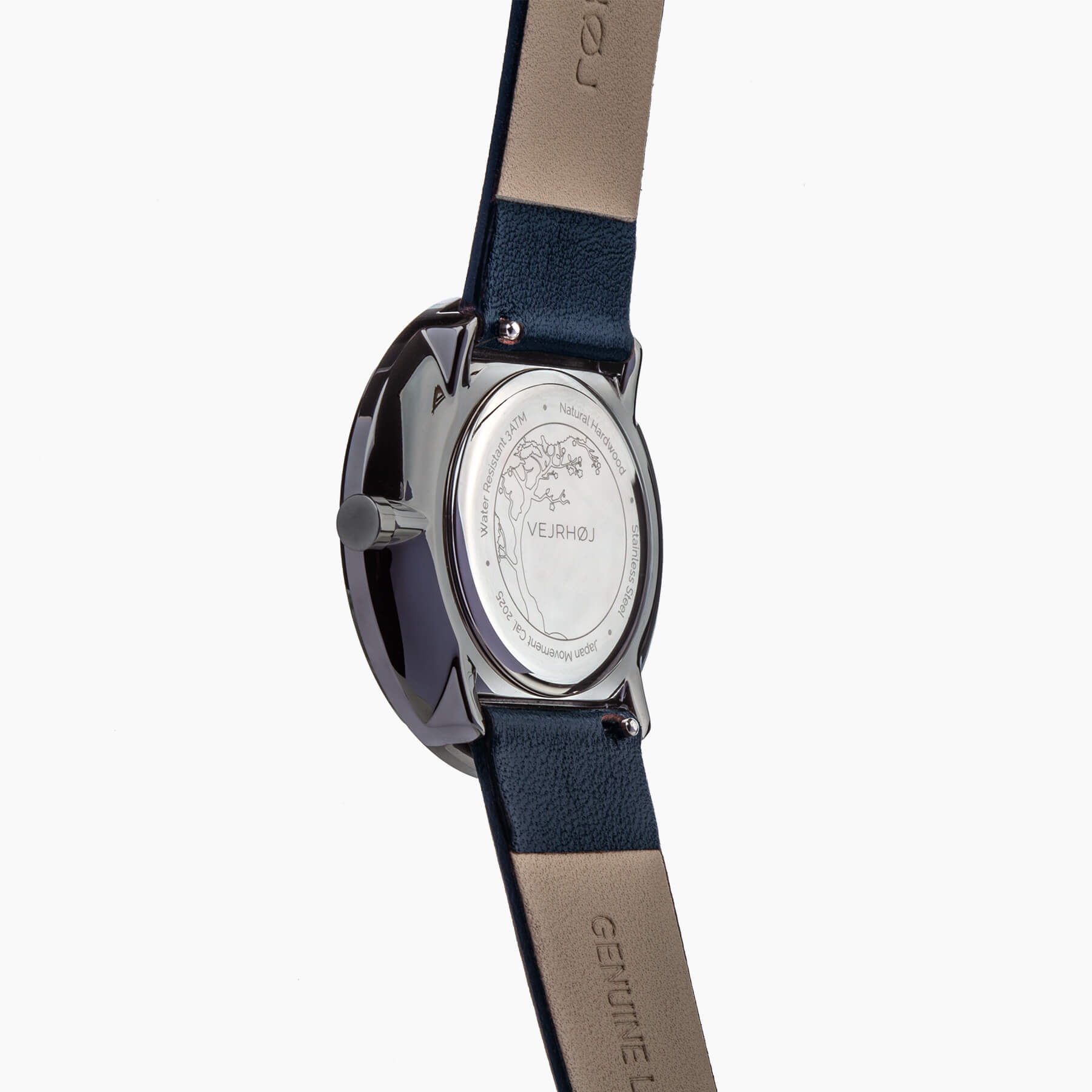 ケーシングの裏に桜の絵が印字されたVEJRHØJ(ヴェアホイ)の腕時計 BLACK & GOLD | midnight blue
