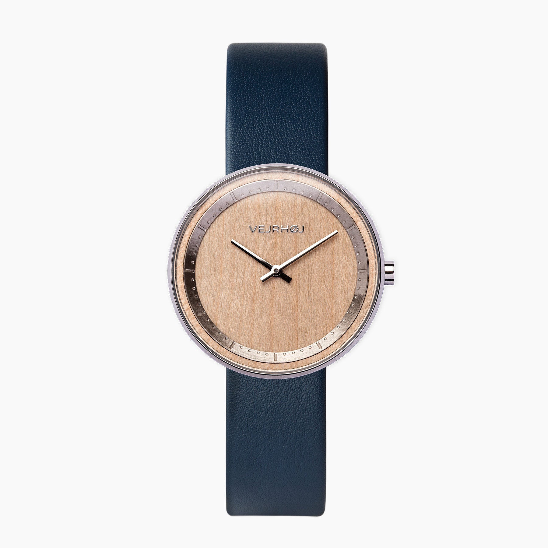 ブルー色のベルトのレディーズ時計が白い背景の上。ウェアホイ腕時計