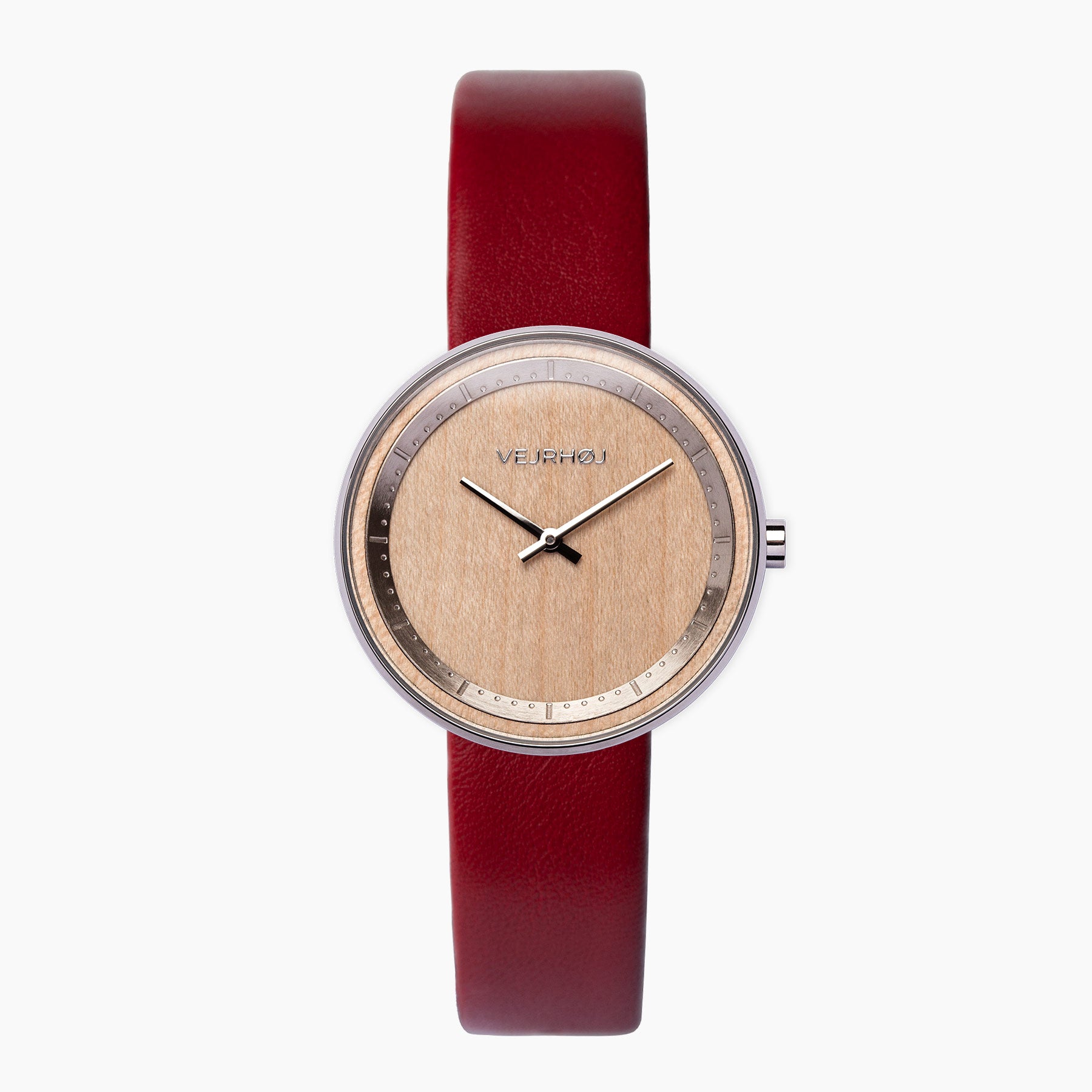 赤い色のベルトの時計が白い背景の上。ウェアホイ腕時計